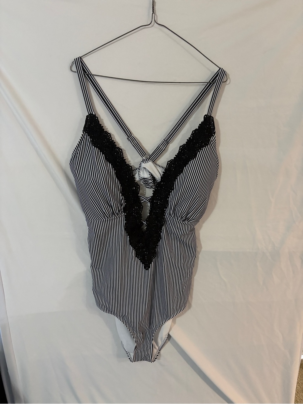 Black & White Striped Lace-Trim One-Piece Swimsuit